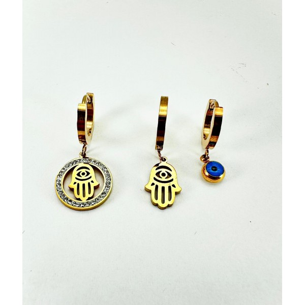 Gold Fatma'nın Eli Detaylı Üçlü Küpe